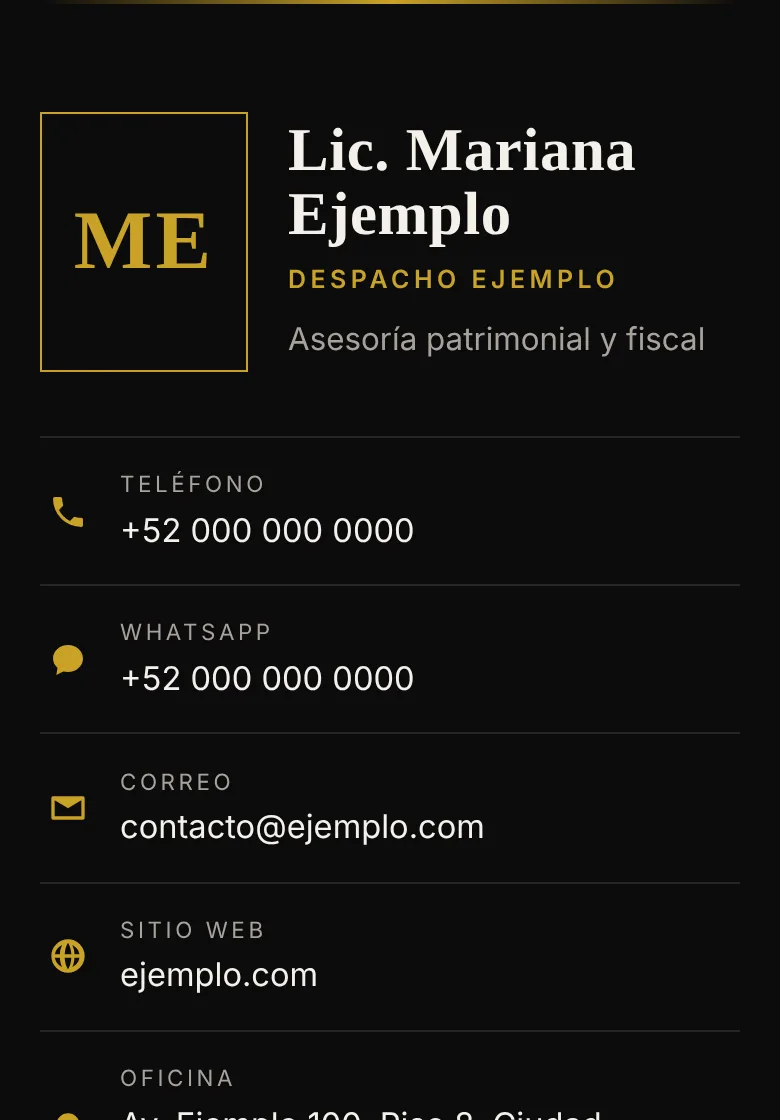 Ejemplo de tarjeta digital en un celular, con datos ficticios